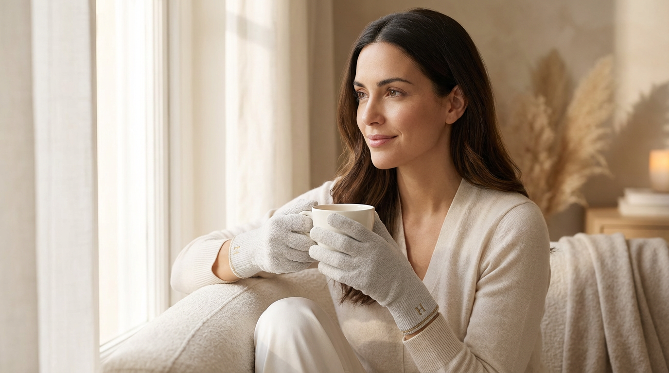 Sofía usando guantes HEND en su ritual matutino